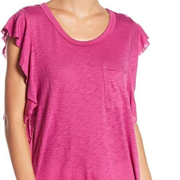 Free People So Easy Ruffle Sleeve Top Tee Fuchsia Pink Magenta Row Edges T-shirt - Picture 2 of 3